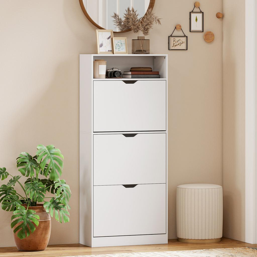 Shoe Cabinet 18 Pairs Narrow Shoe Cabinet 3 Flip Drawers Adjustable Shelves White