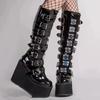 Women'S Thigh High Boots Black Punk Gothic Woman Sexy Long Boots Large Size Women Platform Shoes Leather Knight Boots Wedges