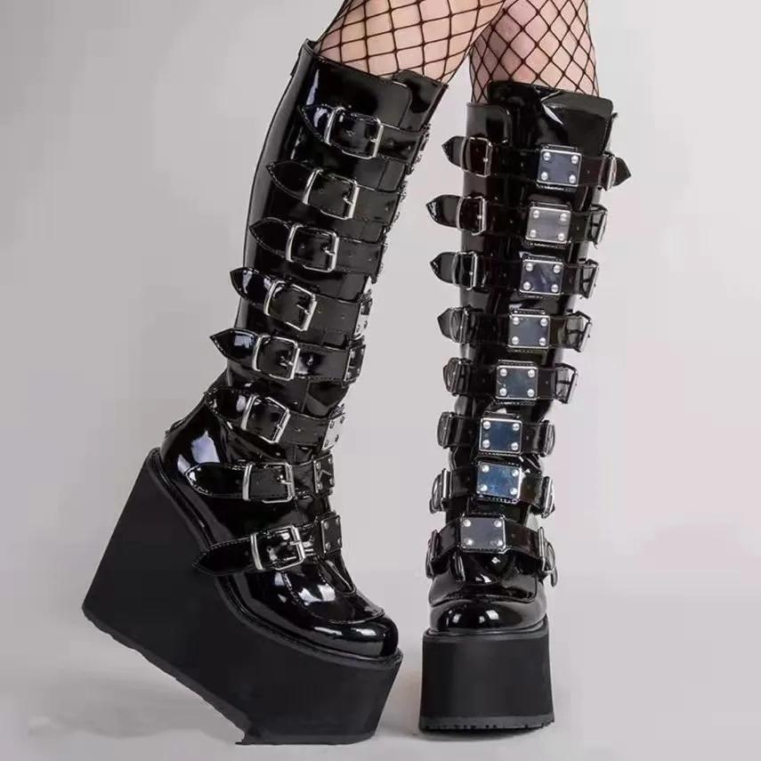 Women'S Thigh High Boots Black Punk Gothic Woman Sexy Long Boots Large Size Women Platform Shoes Leather Knight Boots Wedges