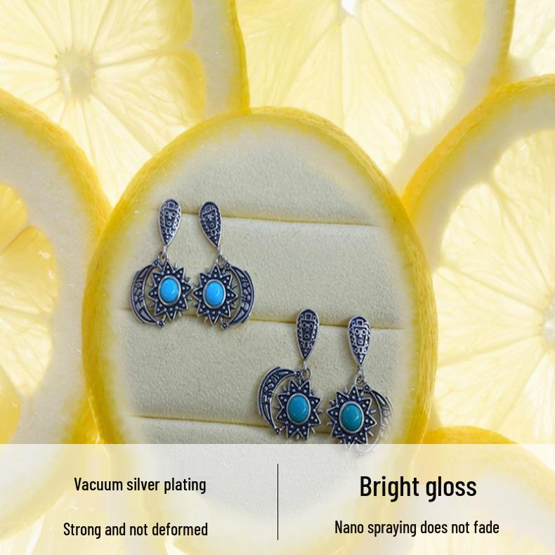 S925 Sterling Silver Retro Sun & Moon Turquoise Earrings - Unisex