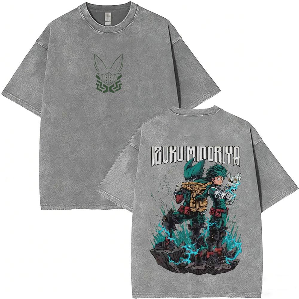 Washed Vintage Anime My Hero Academia Midoriya Izuku and Bakugou Katsuki Merch T Shirt Men Women Casual Retro Oversized Tshirts
