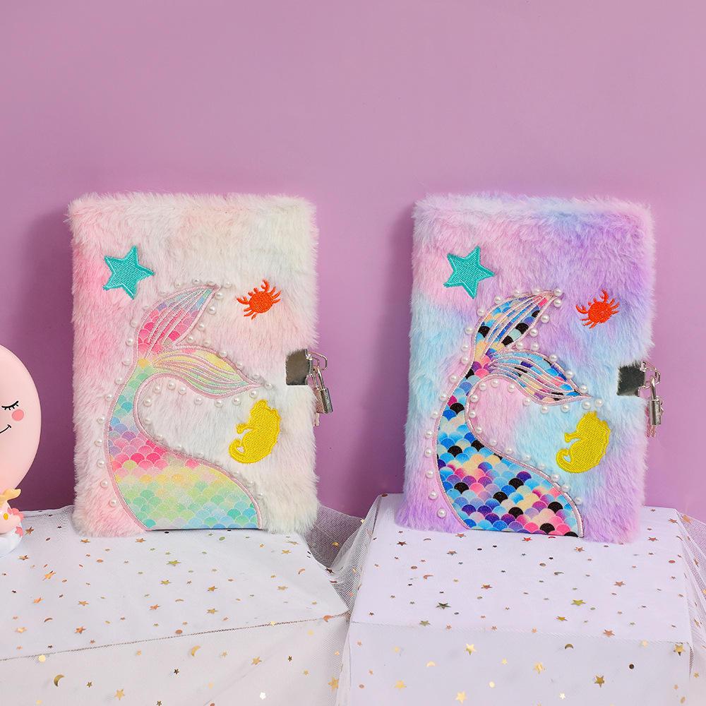 SYC Plush Mermaid Fluffy Paper Cover Notebooks Kids Custom Diary with Padlock for Children Journal Set 80 Sheets