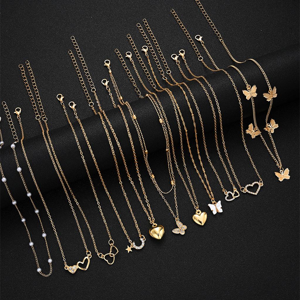 Fashion Elegant Multi-layered Necklace Set for Women Vintage Zircon Pearl Heart Butterfly Star Moon Pendant Necklace Jewelry New