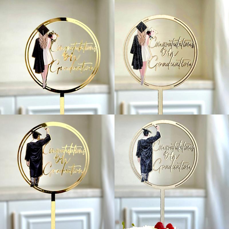 1pcs  Plugin Wooden Graduation Season Party Supplies Color Printed Acrylic Doctoral Gown Back Circular Cake Decoration