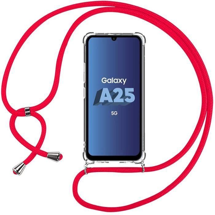 Coque Bandoulière - BOOLING - pour Samsung Galaxy A25 5G - Silicone Hybride - Transparente - Rouge