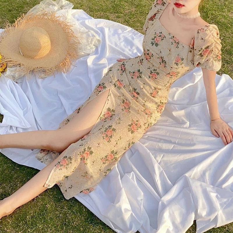 French coffee break medium and long skirt new design sense niche square neck bubble sleeve floral dress women's summer
