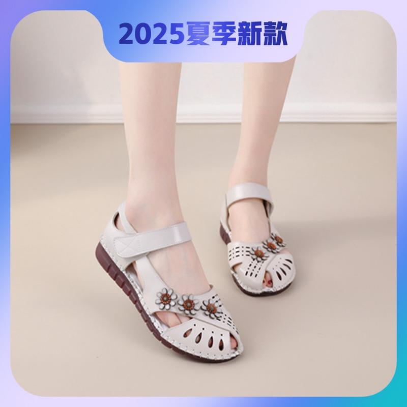 Sandals Women's Genuine Leather Beef Tendon Sole Spring and Summer Fish Mouth Flower Hollow Velcro Non-slip Soft Sole Comfortable