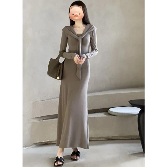 

Pure desire gentle temperament splicing lace-up long-sleeved knitted dress women s early autumn new waist and thin long dress women s clothing S