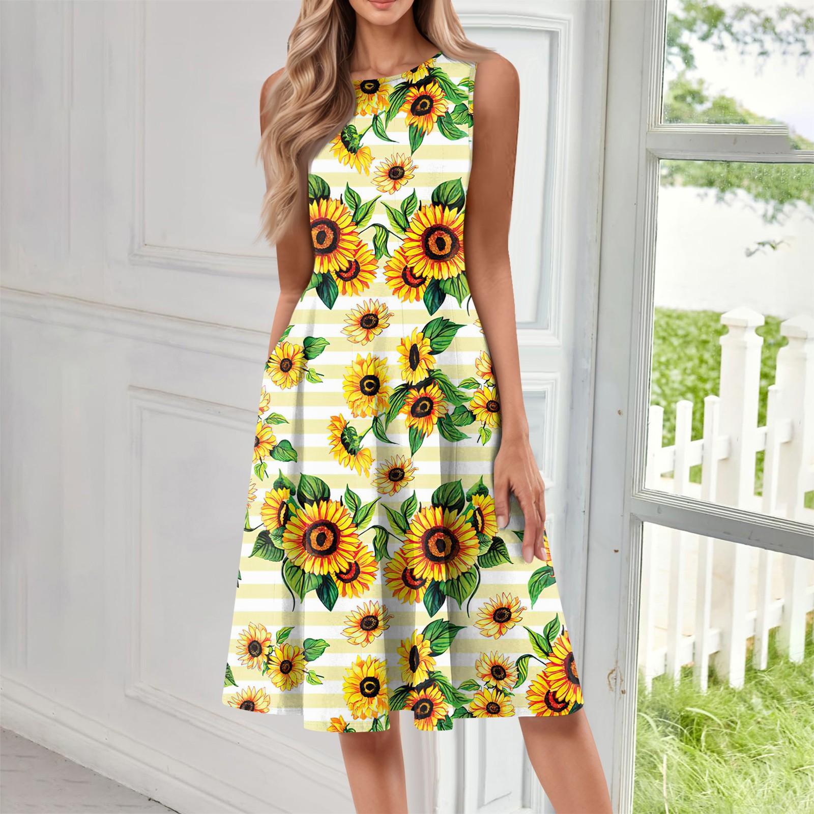 

Женское повседневное модное платье миди с круглым вырезом без рукавов и принтом XL жёлтый