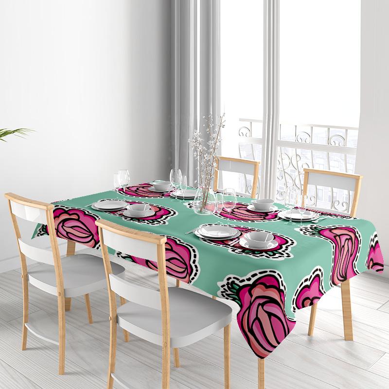 Vibrant Floral Print Tablecloth Rectangular Placemats for Home Decoration Green Pink Roses Design Waterproof Fabric Material Eas