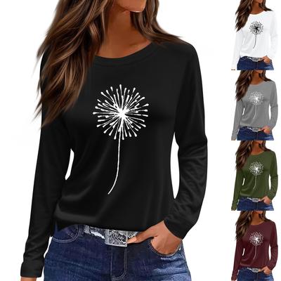Women's Fashion Casual LongSleeve Print Round Neck Pullover Top Blouse