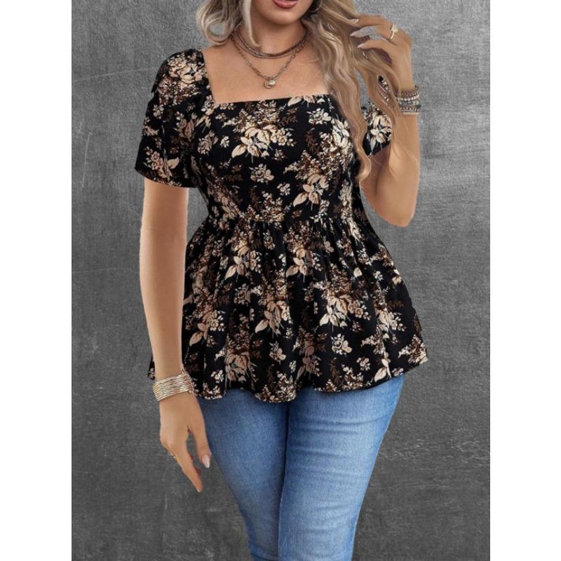 Women French Style Square Neck Floral Backless Waist Cinched Short Cropped Top