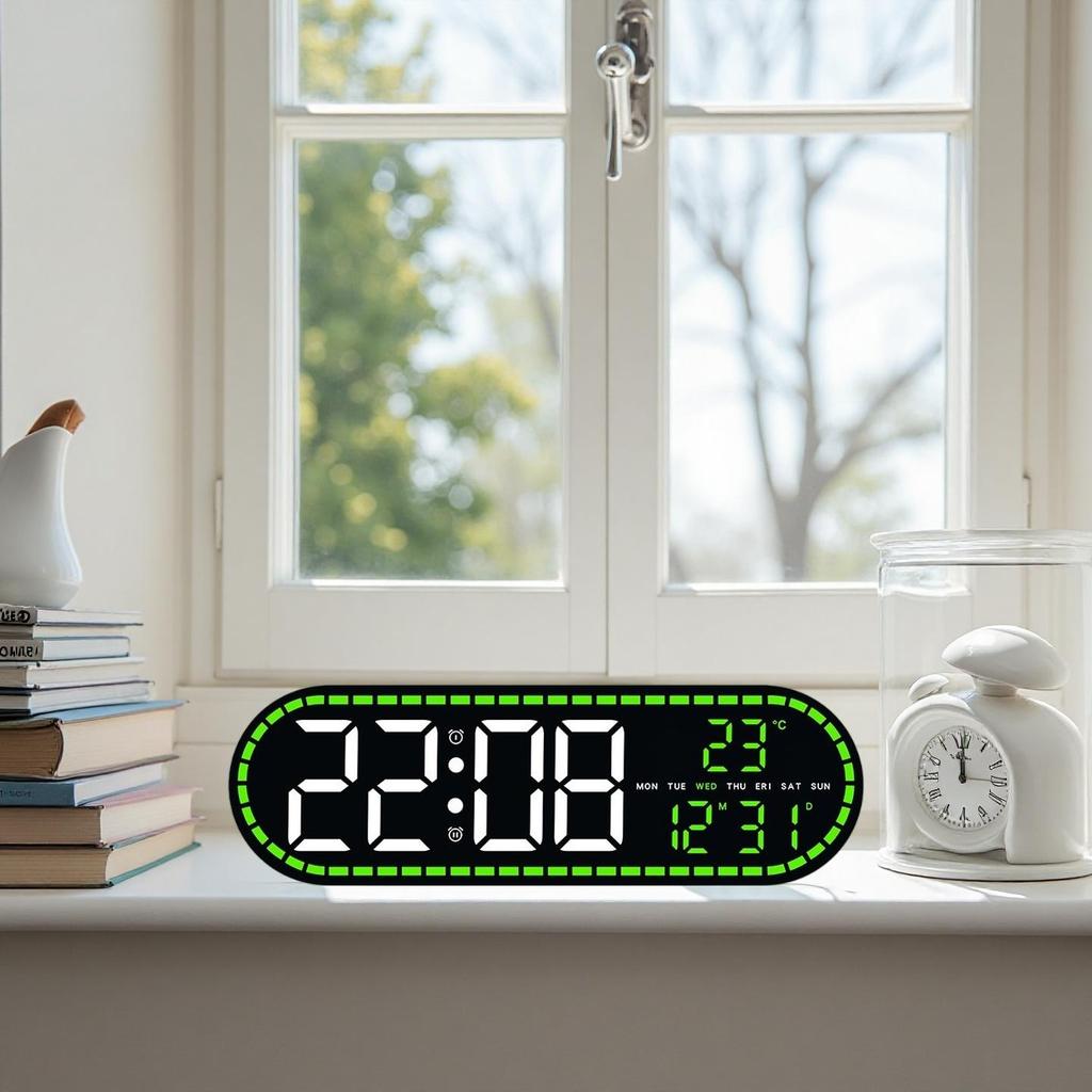 Digital Wall Clock Temperature LED Clock Week Date 2 Alarms Brightness Adjustment Timer Snooze Second 12/24H USB Powered Clock