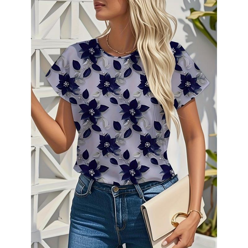Ladies daily simple fashion flower print casual short-sleeved tops S