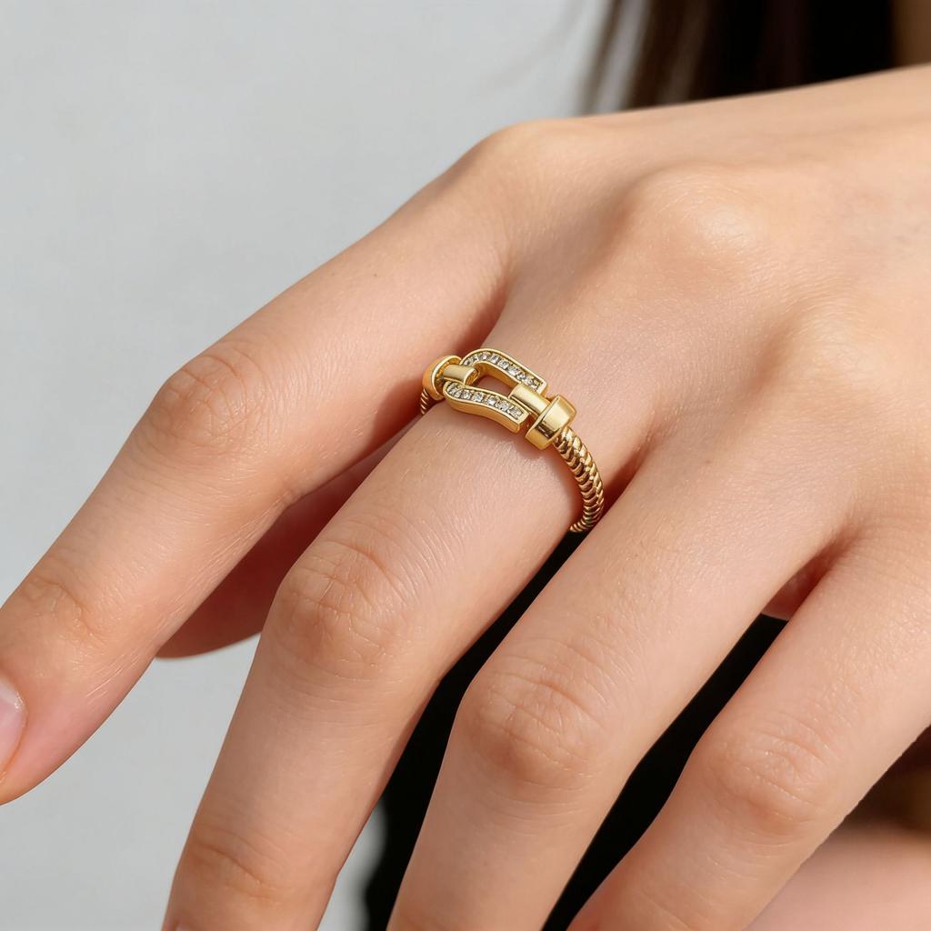 Horseshoe Buckle Shape Open Ring Women's, Stylish Classic Vintage Diamond Ring Adjustable Jewelry Gift