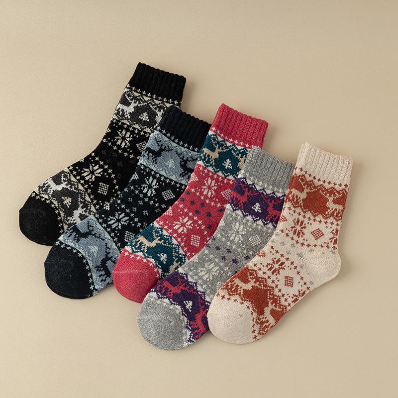 5 Pairs of Women's Winter Thickened Warm Christmas Deer Mid Calf  with Ethnic Style Rabbit Wool Socks