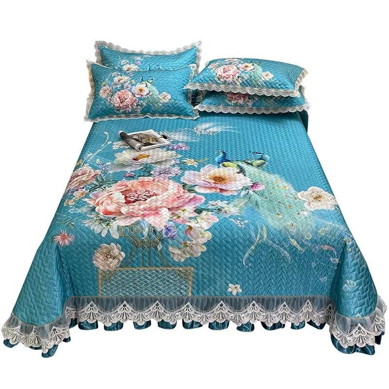 

Летнее охлаждающее покрывало с принтом 250x270 см, стеганое покрывало с цветочным рисунком, двуспальное покрывало с оборками, двойное с 2 наволочками, можно стирать 250x270cm-3pcs set