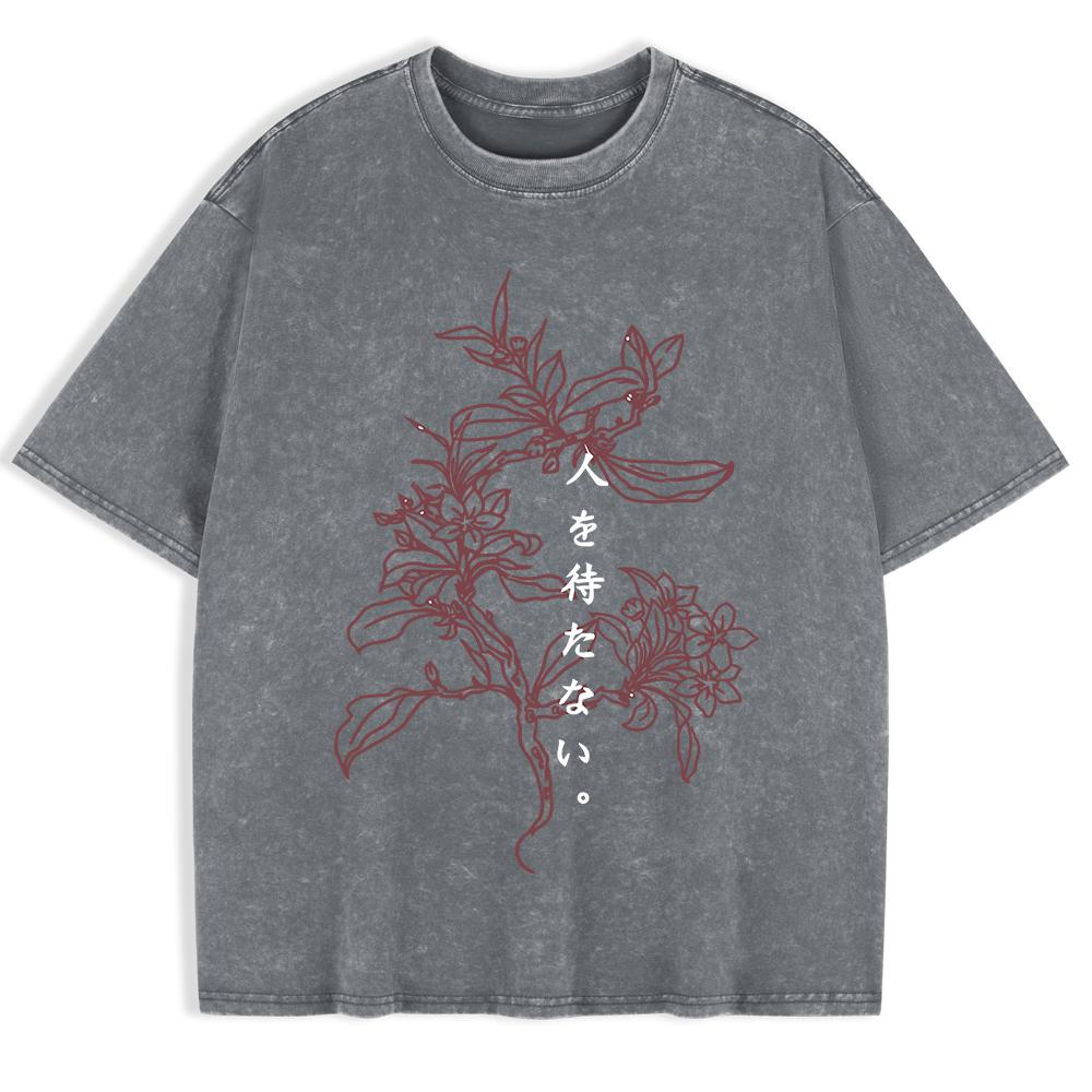 A Flower Blooming Alone Printed Washed T-Shirts Mens Cotton Short Sleeve Tops Basic O-Neck Oversized T Shirt Clothes