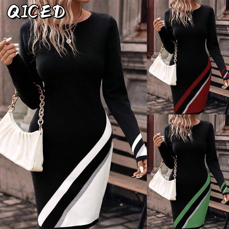 QICED Fashion Autumn Winter Long Sleeve O-Neck Casual Dresses