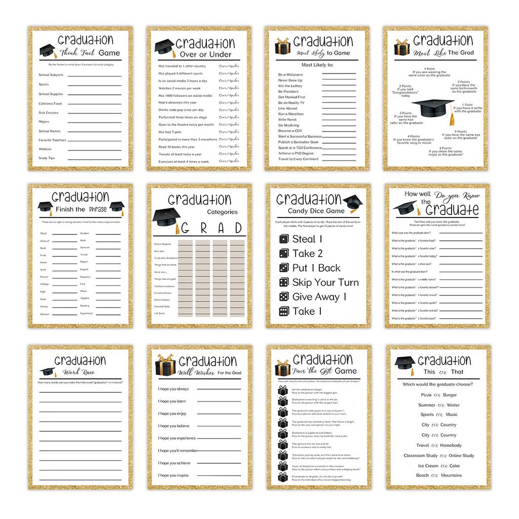 12pcs Graduation Game Cards, Party Invitations with Keepsake Messages for Students, School Celebration Decor Postcards