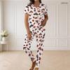 Women Plus Size V Neck Short Sleeve Pajama Set Pumpkin Bat Bow Print White Loungewear
