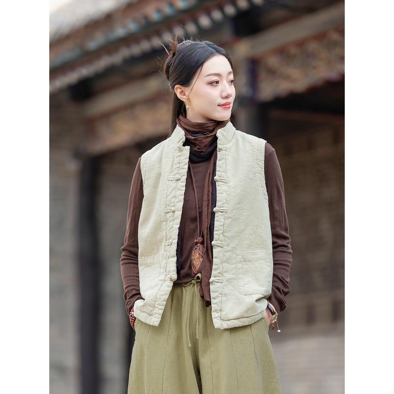 25 Winter new Chinese women's ramie retro disc buckle cotton vest Chinese Tang quilted cotton vest