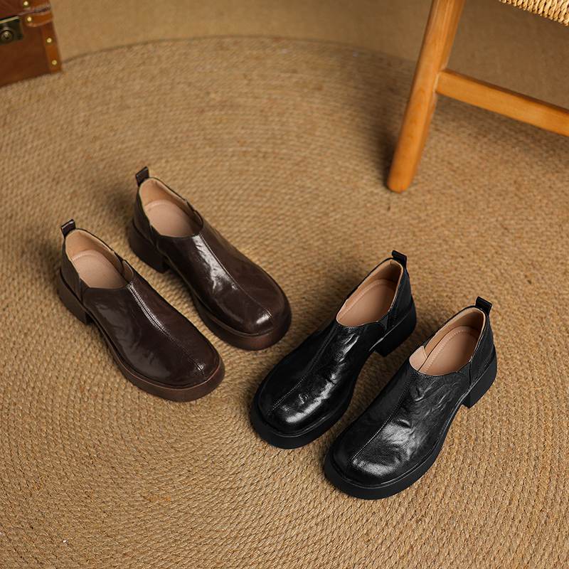 Krazing Pot Sheep Skin Autumn Winter Shoes Chunky Heels Size 43 Size 42 Round Toe Slip On Deep Mouth Pumps