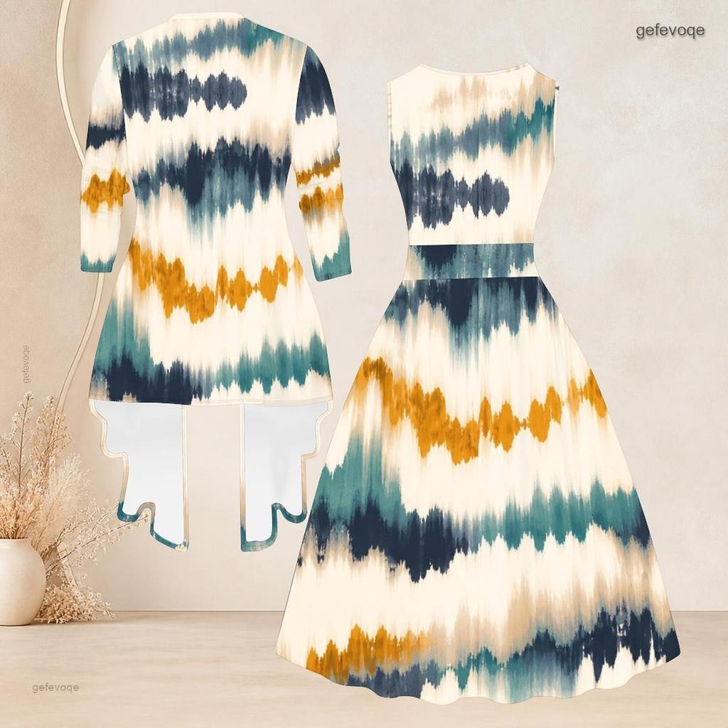 Women Plus Size Two Piece Set Round Neck Sleeveless Tie Waist Flared Dress 3 4 Sleeve Open Cardigan Printed