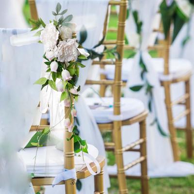 Chair Back Flower Rose Floral with Leaves and Ribbons for Ceremony Backdrop Decor
