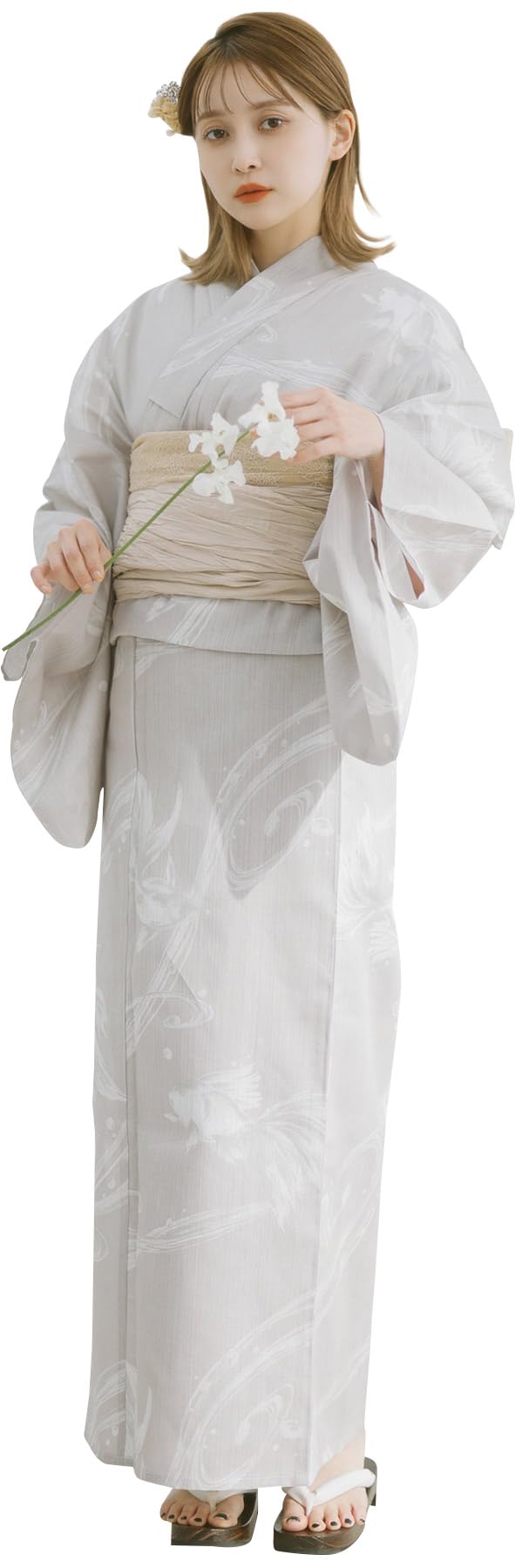 (Dita) Women s Yukata 5-Piece Set: White and Beige, Goldfish Pattern, Simple, Japanese Style, Watercolor, Natural, Easy to Wear by One Person (Kyoto