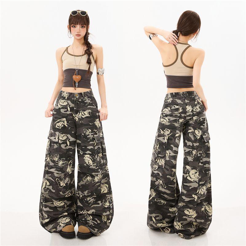 Spring Summer Pure Cotton Unique Print Relax Wide Leg Casual Cargo Denim Pants For Ladies Casual Pants Oversize Denim Trousers