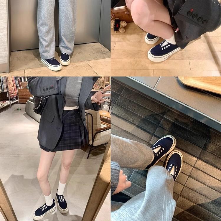 Cowhide version Su Yinyin of the same style, one-pedal leather round head thick sole height increase casual canvas shoes women's board shoes white sho