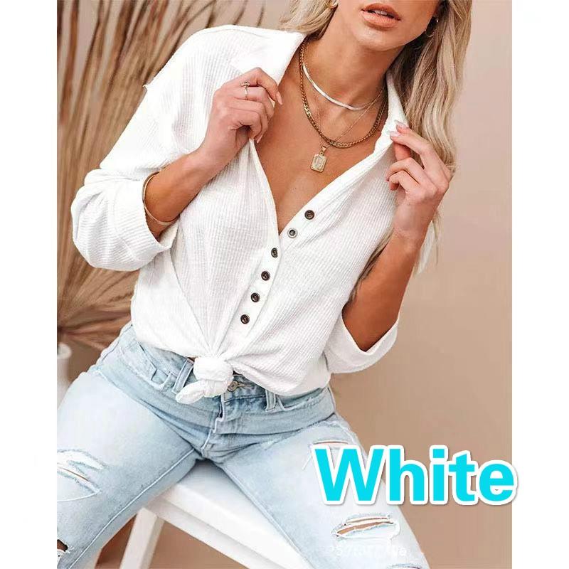 Mote T-skjorte for kvinner Høst Langermet Ensfarget V-hals Knapper Skjorter Casual Oversized Dame Topper