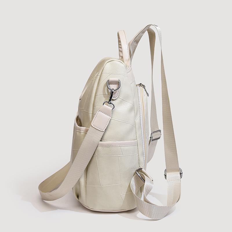 Soft Leather Women Backpack Geometric Pattern Patchwork Backpack Large Capacity Women's Travel Bag