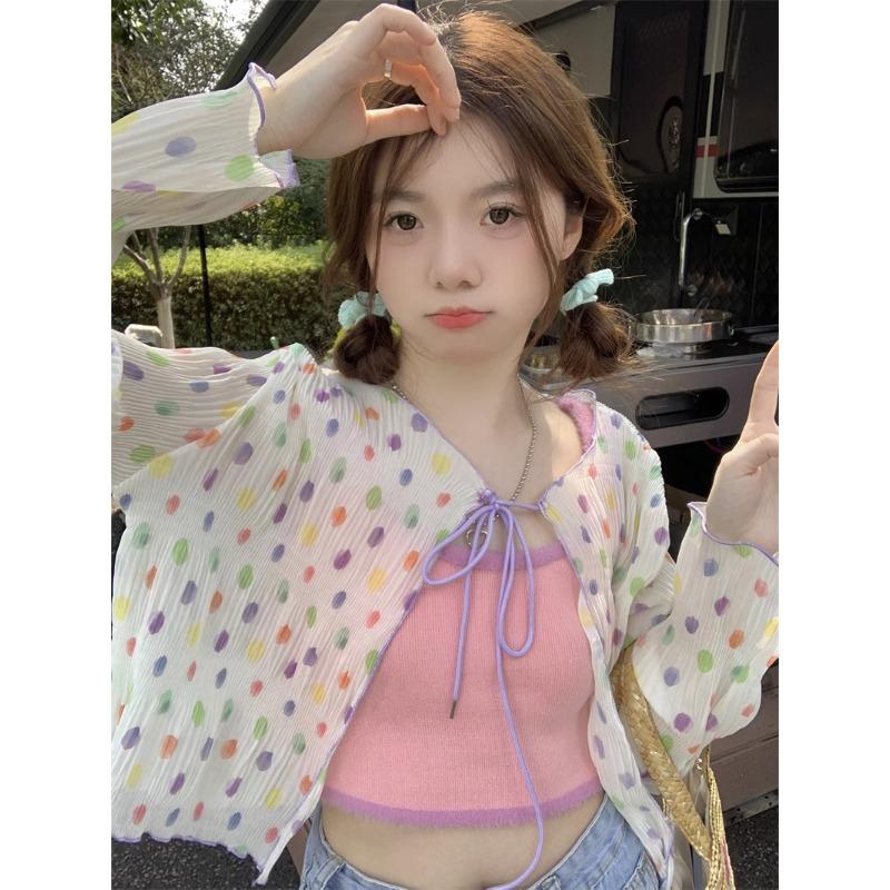 

Цветной горошек тонкая солнцезащитная рубашка для женщин рубашка с длинными рукавами для женщин летом новый дизайн короткая куртка студенческий топ One size