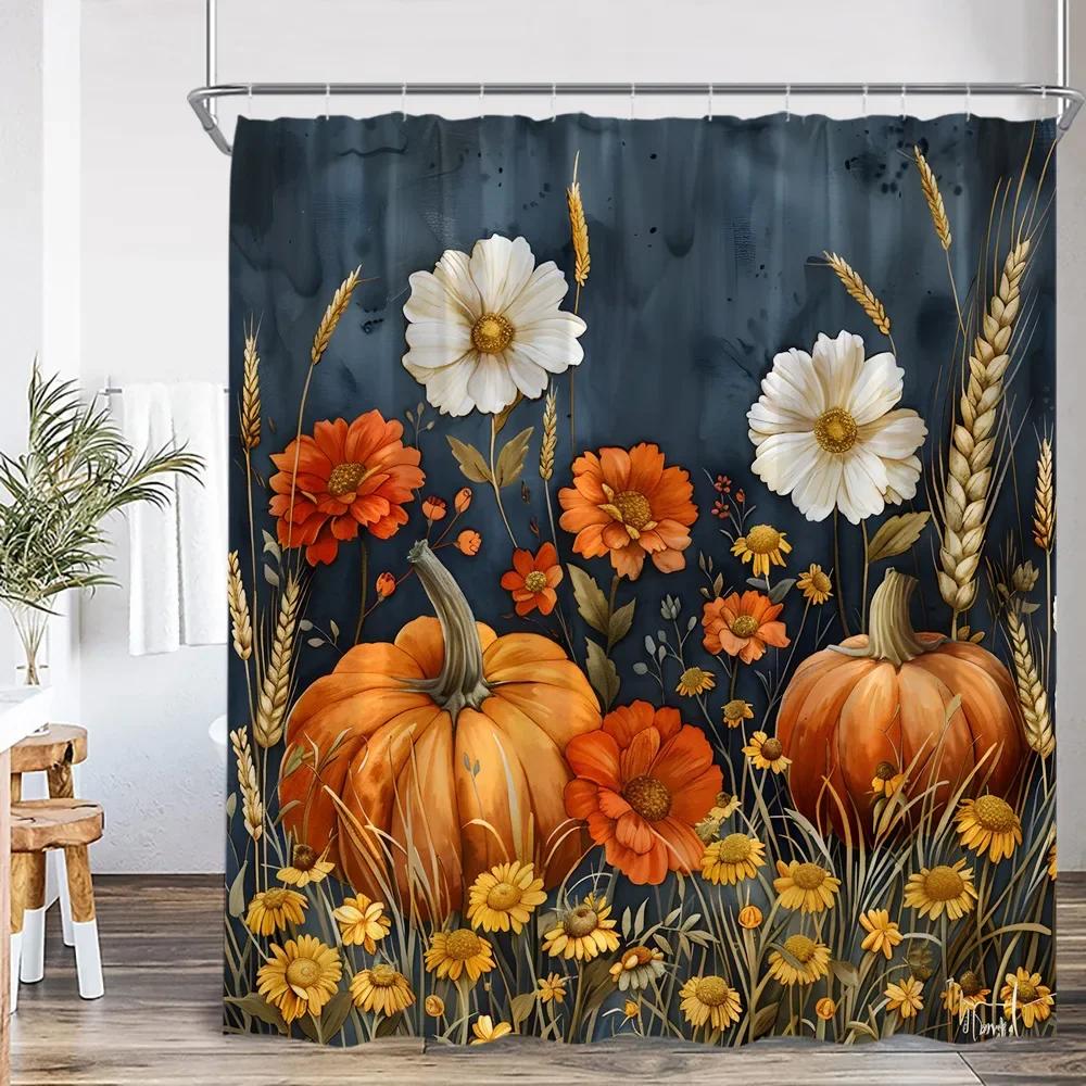 Cartoon shower curtain highland cattle harvest season pumpkin sunflower farmhouse bathroom decoration with hook shower curtain
