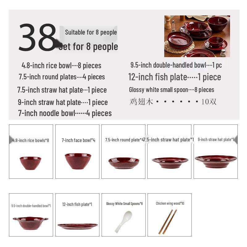 Set di Stoviglie in Ceramica Rossa Cotto in Forno: Ciotole, Piatti e Piatti in Stile Retrò con Decorazioni Sottosmalto per Uso Domestico.