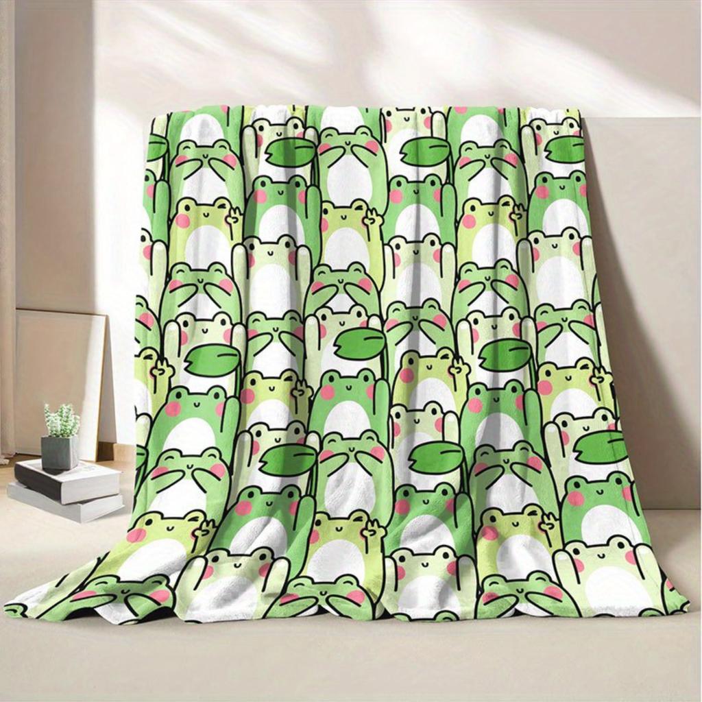1 Cartoon Frog Print Flannel Blanket - Warm and Cozy, Perfect for Sofas, Offices, Beds, Camping, and Christmas.