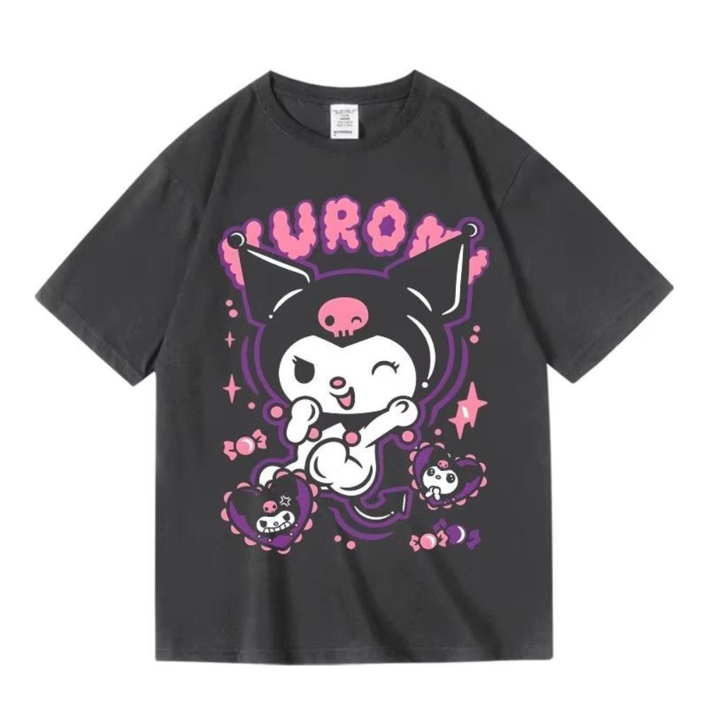 Kawaii Fashion Kuromi Print Tshirt Black White Character Print Cotton Crew Neck Short Sleeve Unisex Women Breathable Cotton