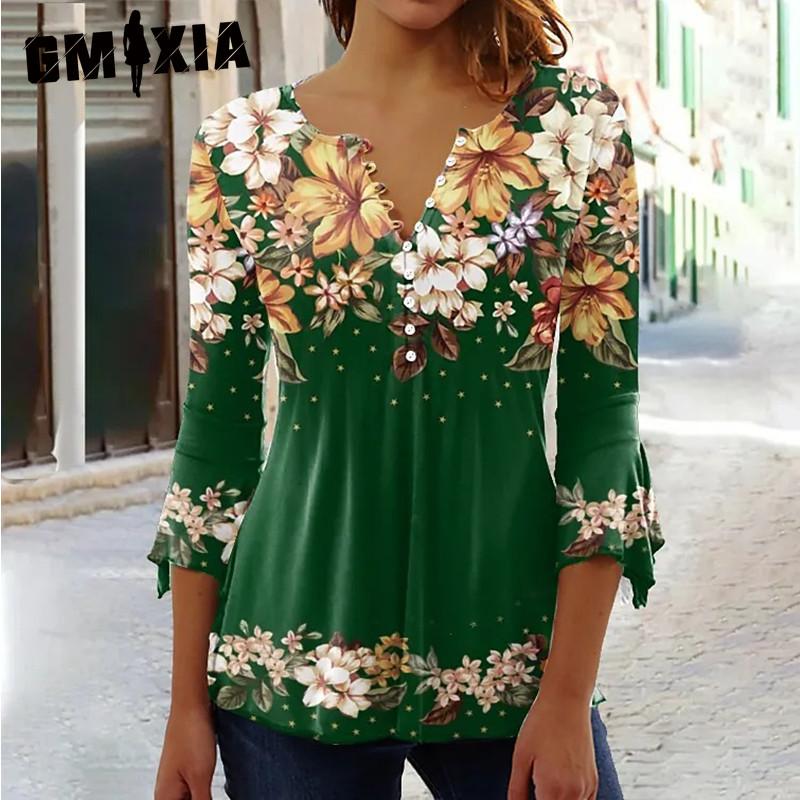 

GMXIA Summer Fashion Ruili Flower Print V-neck Seven-point Sleeve T-shirt S