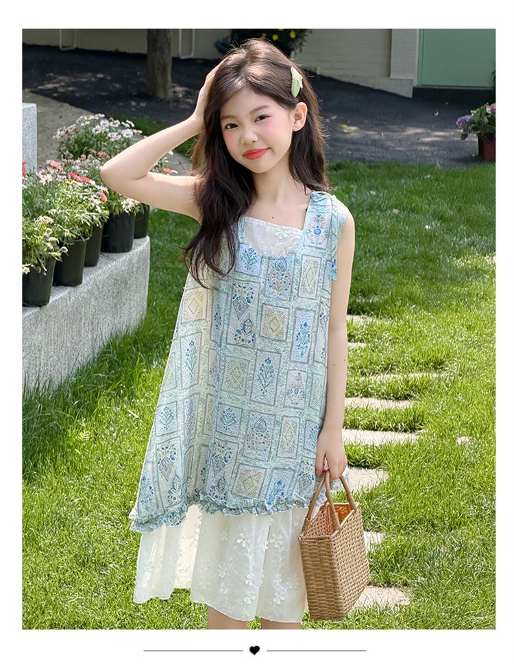 Children's Summer Dress with Floral Vest and Lace Patchwork