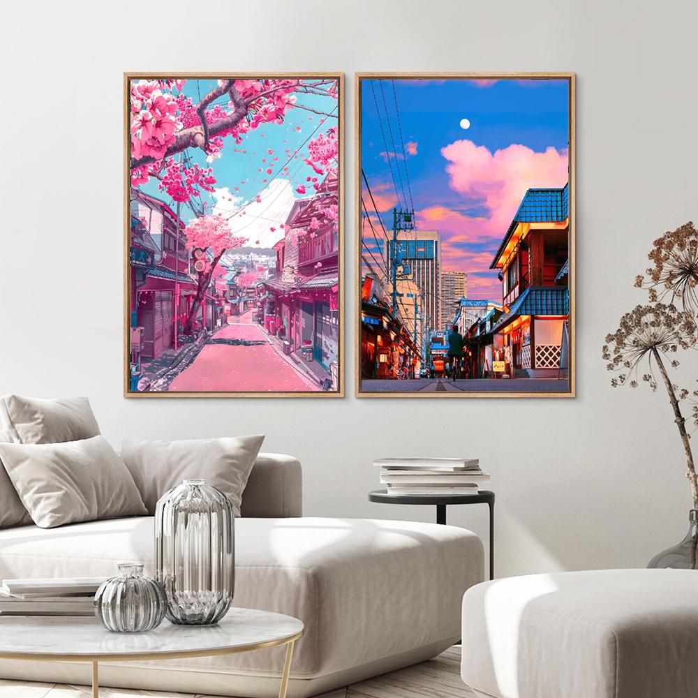 Japanese City Street Canvas Wall Art Anime Scenery Print Aesthetic Japan Town Landscape Poster Tokyo Cityscape Canvas Painting