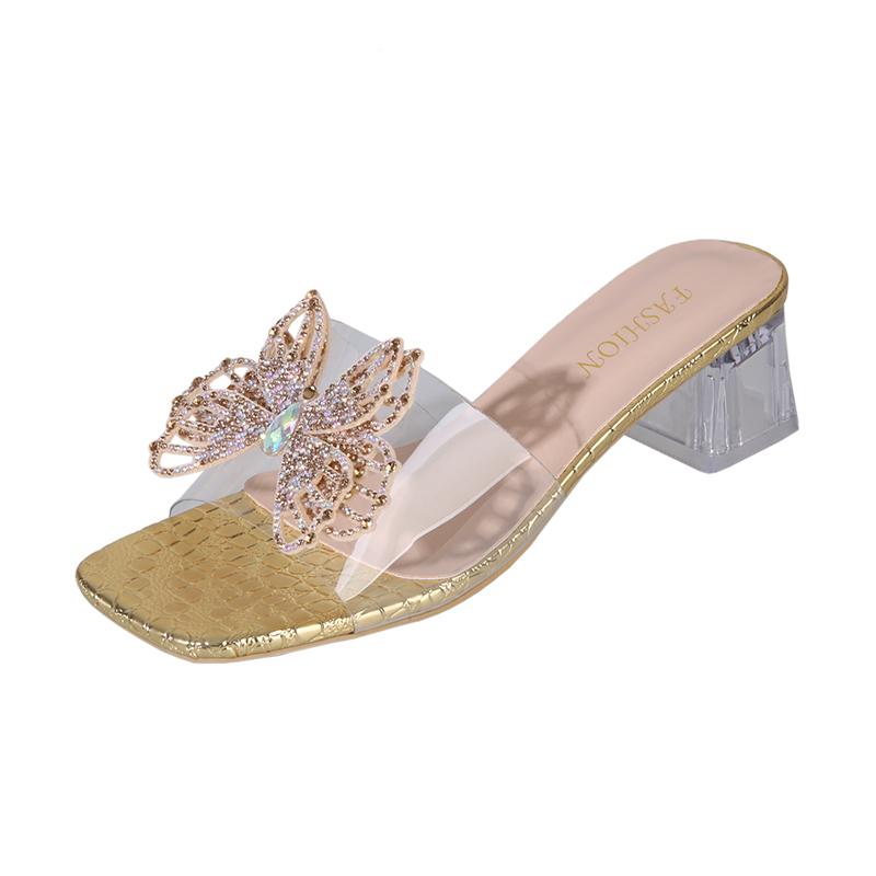 

Fashion Women s Fashion Sandals Women Summer New Square Toe Open Toe Rhinestone Butterfly Mid Heel Block Heel Cool Mopping 43 золотой