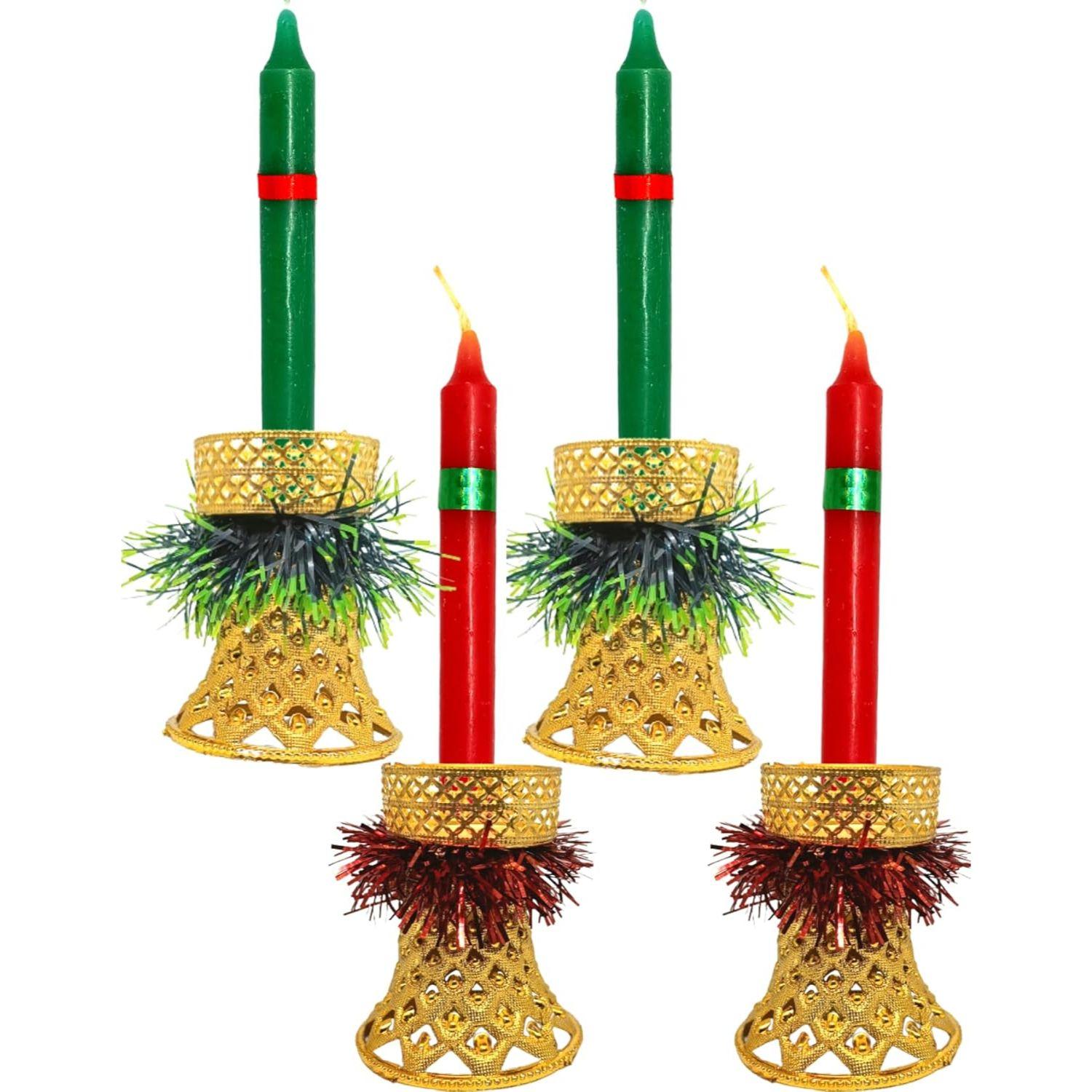 

Decorative Candles Round Merry Christmas Wax Candles with Candle Stands Holders for Xmas Red Green Santa Candles