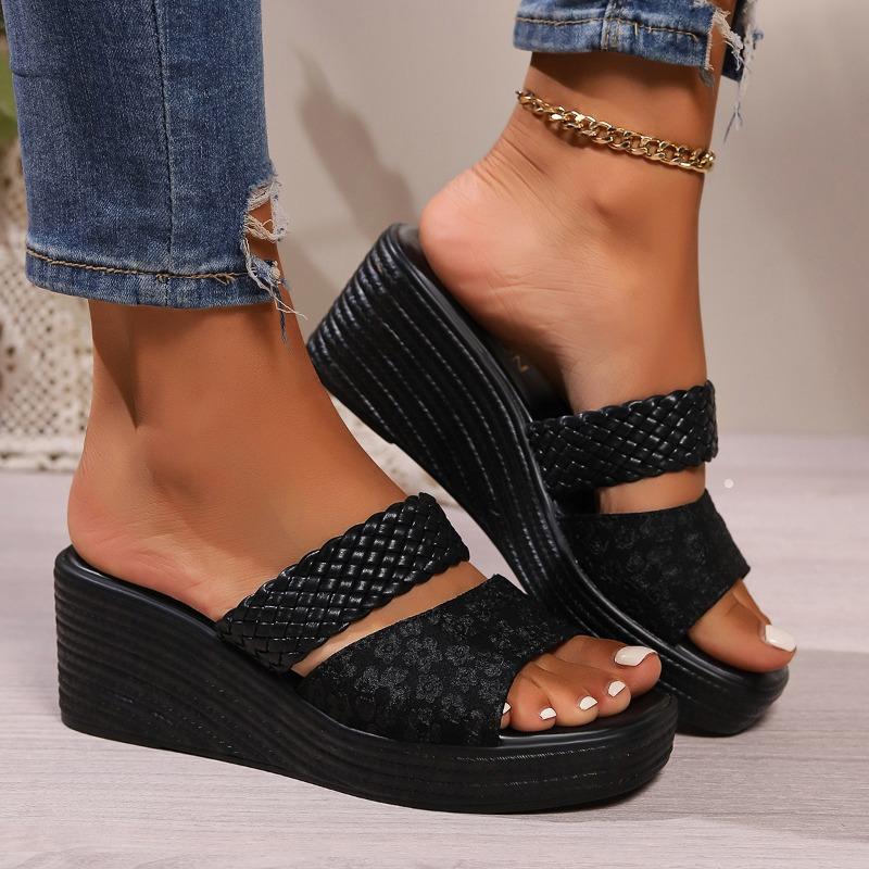 Women's Summer Fashion Leopard Print Thick Sole Slope Heel Slippers Fashion Casual Large Size