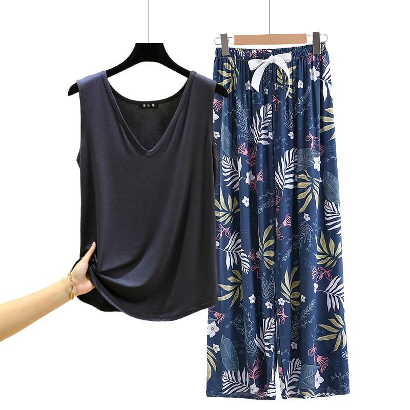 Lockere Modal-Pyjama-Sets Sommer V-Ausschnitt Tanktop und Florale Weite Hosen Lässiger Hausanzug ärmellos Loungewear Übergröße