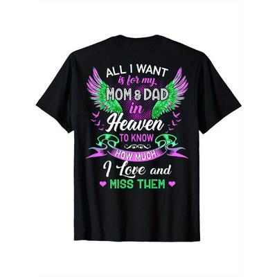 Europäische Größen Herzliche Gedenk-T-Shirts – Hommage an Mama & Papa, Rundhals, Kurzarm, Schwarz, Perfekt für Halloween, Thanksgiving, Weihnachten