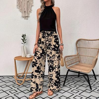 2026 New Fashionable and Comfortable Printed Long Pants with Elastic Waist and Wide Legs for Women, Casual Pants