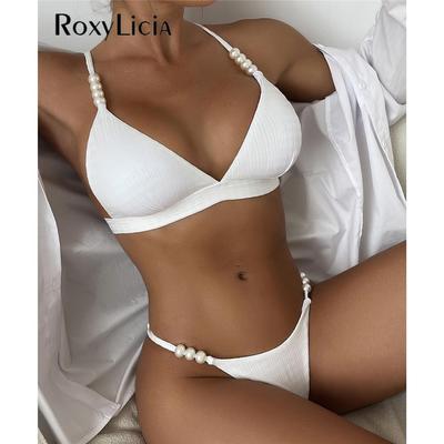 Sexy Pérolas Altas Perna Corte Acolchoado Biquíni Feminino Maiô Feminino Maiô Duas Peças Conjunto Biquíni Banhista Maiô Natação Senhora