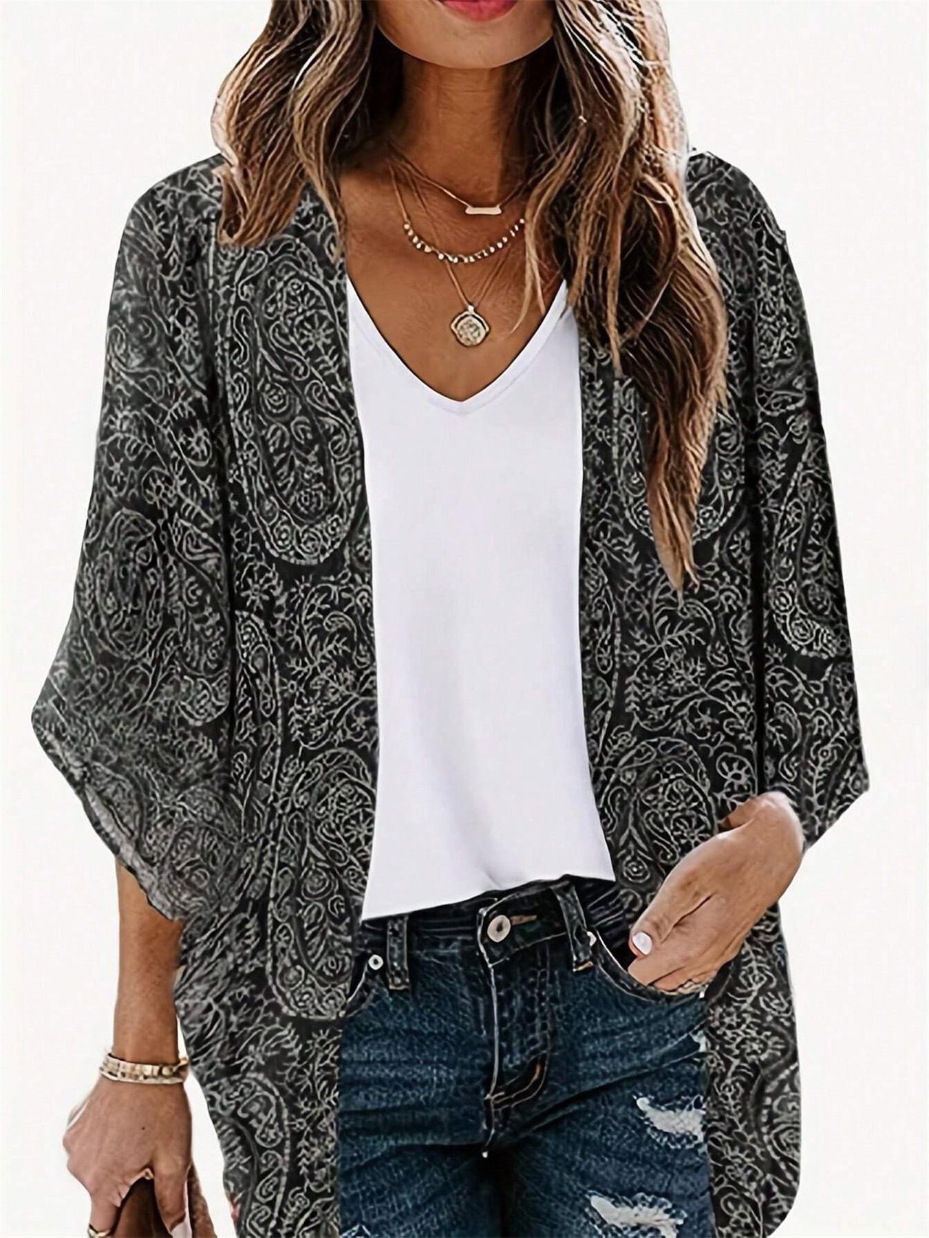 

European & American 2026 Spring/Summer Women s Fashion Printed Casual Cardigan Shirt Medium чорний